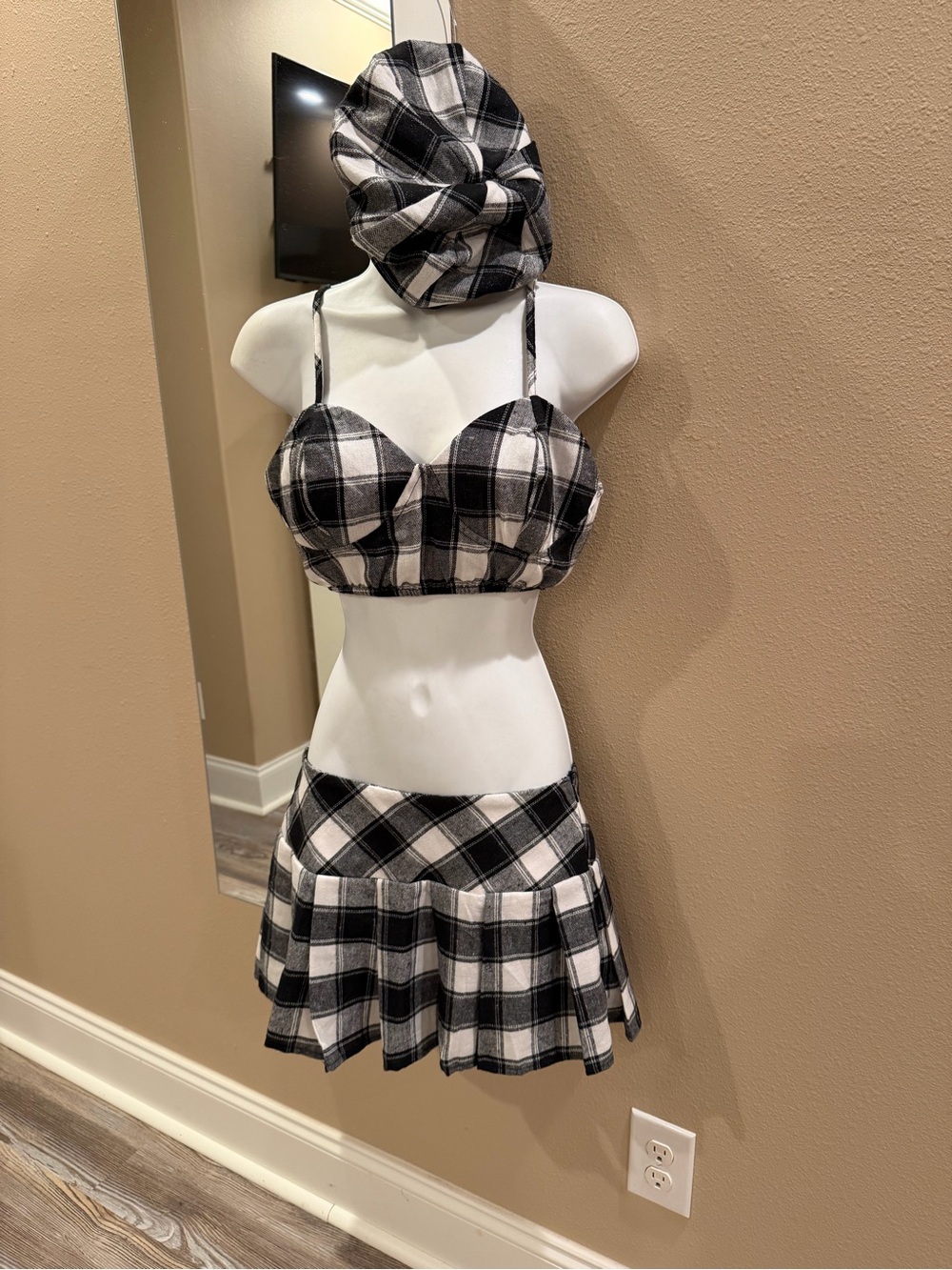 Black and White Plaid Pleated Mini Skirt - Women's